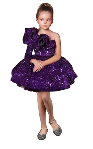 Long Sleeve Short Mini Girl Pageant Dresses Sparkly Sequins One Shoulder Flower Girl Gowns 2025 TJ18