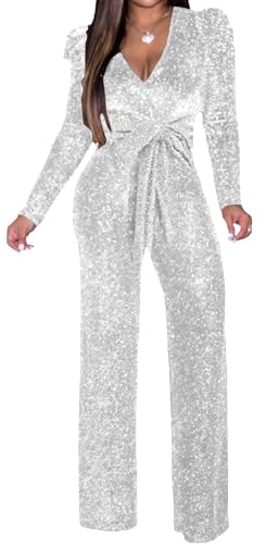 Women Elegant Jumpsuits Sexy Long Sleeve Cocktail Sparkly White Mock Neck Bodycon Straight Long Pants Rompers With Pockets