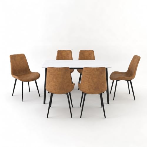 Image of Eclipse Six Seater Faux Marble Dining Set | 15mm Sintered Stone Dining Table | Upholstered Metal Chairs | Snow White (DIY Assembly)