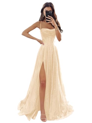 Women's Spaghetti Straps Glitter Tulle Prom Dress with Slit Cowl Neck Long Evening Formal Party Gown