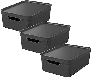 Rotho Dekobox Zestaw 3 Pudełek do Przechowywania, Tworzywo Sztuczne, Czarny, 10l (37,5 x 27,8 x 13,5 cm)