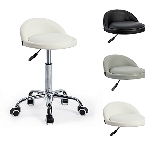 Mingone Taburete De Oficina Rodante Ergonómico Taburete De Trabajo Regulable En Altura Silla Con Respaldo 360 Giratorio Taburete De Pu Cuero, Blanco