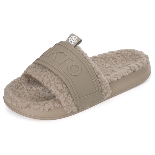 Image of Fuzzy Women's Orthopedic House Slides with Arch Support - Comfy Warm Open Toe Plush Slippers for Plantar Fasciitis - Indoor/Outdoor