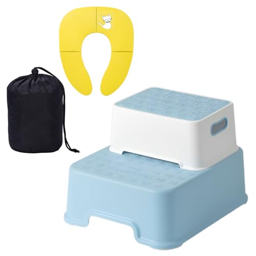 LINXAS 補助便座 おまる 折りたたみ トイレトレーニング 子供用 幼児用便座 キッズ用便座 子どもトイレ ベビー補助便座 (3WAY踏み台(ブルー)+(収納袋付き補助便座ネコちゃん・イエロー)セット)