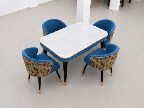 Image of WOODEN SPACE Majestic 4 Seater Wooden Dining Table Set | Urban Marble Top Dining Table with Chairs for Dining Room & Kitchen (Modern Classic Printed Blue) (54 x 36 x 30 inch)