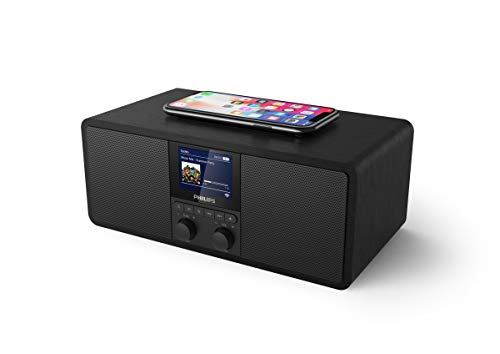 Philips Radio via Internet R8805/10 DAB+ con Spotify Connect (Bluetooth, Allarme Doppio, Timer per Spegnimento Automatico, Base di Ricarica Wireless Qi per Cellulari, USB) Nero