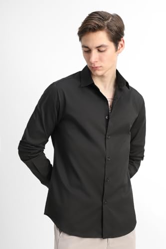 Image of SNITCH Men Formal Shirt | Tailored Slim Fit Full Sleeve Spread Collar Solid Style | Breathable Polyester Viscose Blend Twill Fabric for Office & Evening