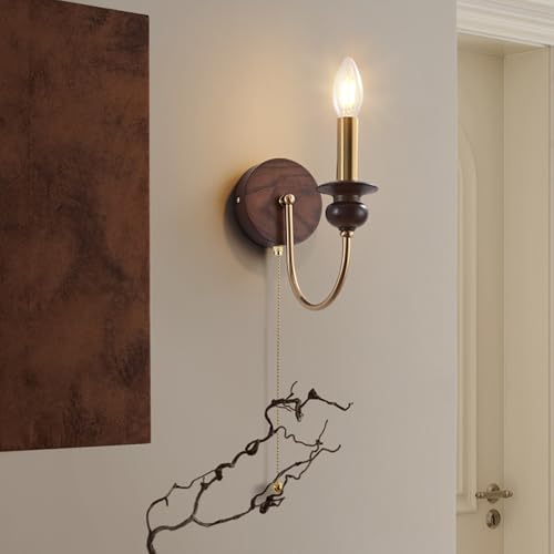 Aplique de pared vintage con interruptor de cadena y base de madera antigua 5