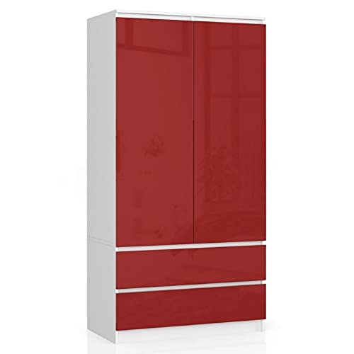 AKORD Armoire 2 Portes | Armoir Chambre 2 Tiroirs avec Etagères et Une Tringle | L90 x H180 x P51 cm | Panneau Stratifié 16mm | Armoire sans Penderie Chambre...