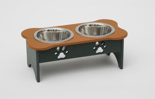 2 qt. 8.5 in. Medium High Double Poly Wood Dog Bowl with 2 Stainless Steel Bowls Cedar Top & Hunter Green Base