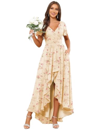 V Neck Bridesmaid Dresses for Women Short Sleeve High Low Chiffon...