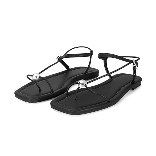 Image of Strappy Flat Sandals for Women Comfortable Open Square Toe Slingback Sandals Dressy Beach Thong Flip Flop Slides Sandals