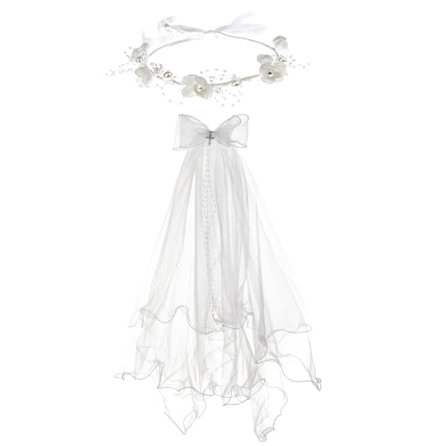 Merroyal Girls Communion Bow and Dangle Cross Charm with 24 Inch Veil on Hair Comb with White Floral Crown(Veil with Pears)