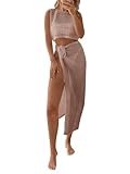 Fisoew Womens Crochet Swim Cover Ups 2 Piece Sleeveless Crop Tops Beach Wrap Skirt Hollow Out Boho Coverup Set Khaki