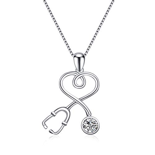 AOBOCO Sterling Silver Stethoscope Necklace Infinity Heart Pendant Simulated Birthstone Nurse Necklace with Clear Swarovski Crystal,Fine Jewelry Gift for Doctor Nurse Medical Student