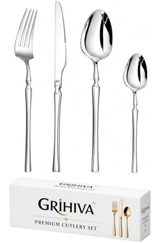 Image of 4 Pcs Silver Slim Handle Stainless Steel Cutlery Set for Dining Table with Spoon and Fork Set & Butterknife - The Perfect Tableware /Flatware