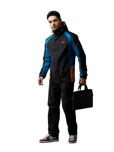 Image of ZEEL Rain Coat For Men with Adjustable Velcro Hood, Polyester Waterproof Full Sleeves Raincoat, Top and Bottom Set Rainwear, Front Zip with Flap, Lightweight Raincoat (EJS511, Black and Blue, XL)