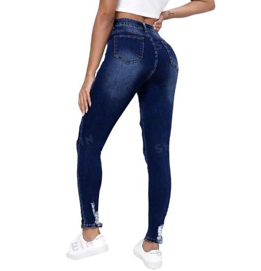 Women's Dark Wash Cut Out Ripped Raw Hem Skinny Jeans - High Stretch Denim2