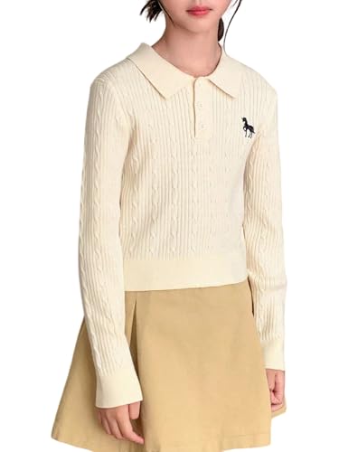 OYOANGLE Girl's Cable Knit Preppy Sweaters Embroidered Button Long Sleeve Knit Pullover Tops