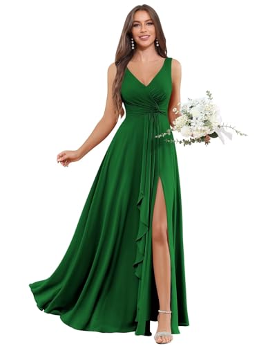 Image of BOLENSYE Bridesmaid Dresses Long Ruched Ruffles Chiffon A Line Evening Party Gown with Pockets Slit
