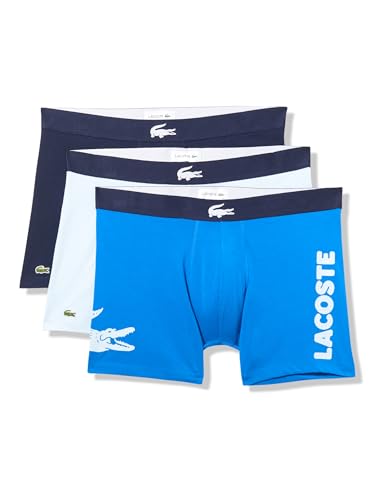 Lacoste Men's Cotton Stretch Big Croc Print Boxer Briefs, 3-Pack, Gypsy Blue/Light Blue/Navy Blue, Large