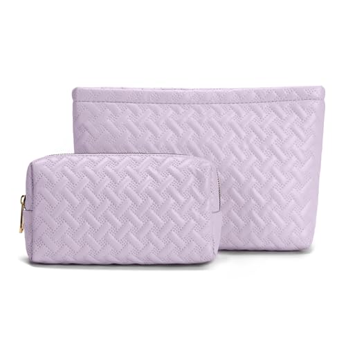 Viverte 2 Pieces Makeup Bag Toiletry Bag for Girls Vegan Leather Travel Cosmetic Preppy Cute Make Up Brush Bag Pack Gifts for Teen Girls (Lavender)