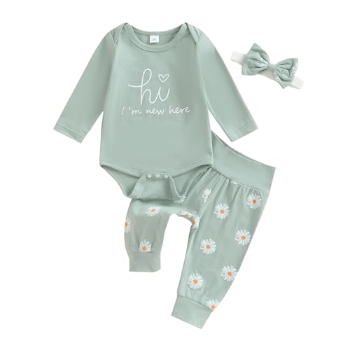 Image of Newborn Baby Girl Clothes Coming Home Outfit Letter Print Romper Bodysuit Daisy Floral Pant Fall Hospital Outfit