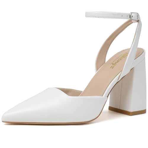 Image of RIBONGZ Block Heels for Women Closed Pointed Toe Heeled Slingback Chunky High Heel Ankle Strap Pumps Patent Leather Comfort Dressy Shoes for Work Party Prom Wedding Bridal Dress