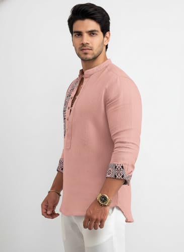 Image of Amazon Brand - INKAST Men's Cotton Blend Mandarin Collar Self One Design Full Sleeve Casual Short Kurta