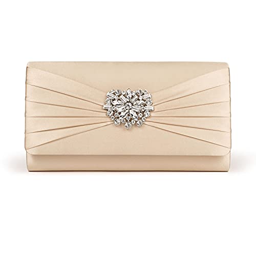 Image of Evening Bags For Women Pleated Satin Rhinestone Brooch Prom Clutch Purse With Detachable Chain Strap