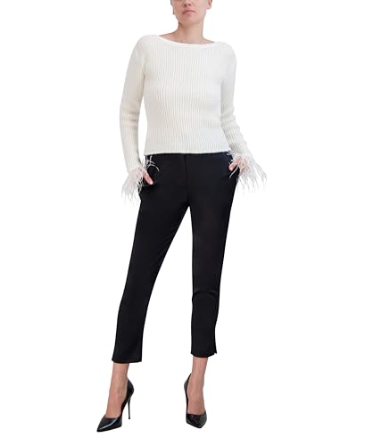 Image of BCBGMAXAZRIA Women's Boat Neck Long Sleeve Feather Cuff Sweater Top