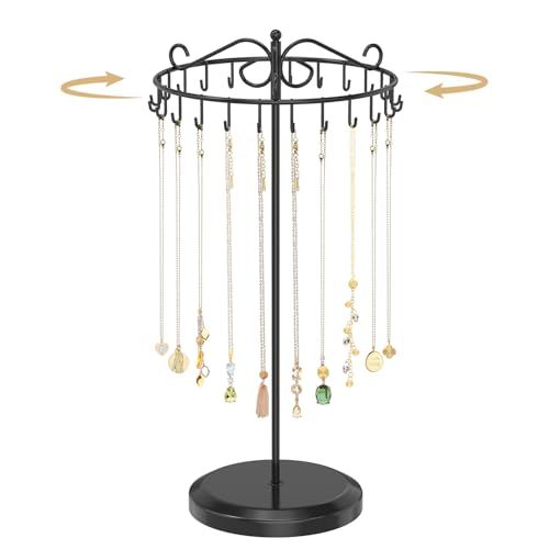 MODOWEY Rotating Necklace Holder Organizer Display Stand with 24 Hooks, Metal Spinning Tree for Long & Short Necklace Hanger Selling, Tall Spinning Bracelet Storage Rack for Men Women Dresser, Black