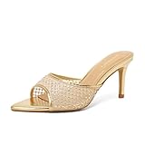 Hodeery Women's Mesh Rhinestone Mule Heeled Sandals Slip On Pointed Open Toe 3 Inch Stiletto Dressy Party Casual Shoes Gold 8.5