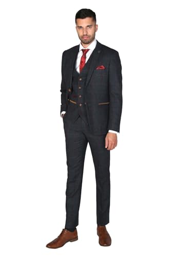 Men’s Tweed Herringbone Navy Blue Sold Separately Suit - Wedding Business Tailored Fit 3 Piece Set2
