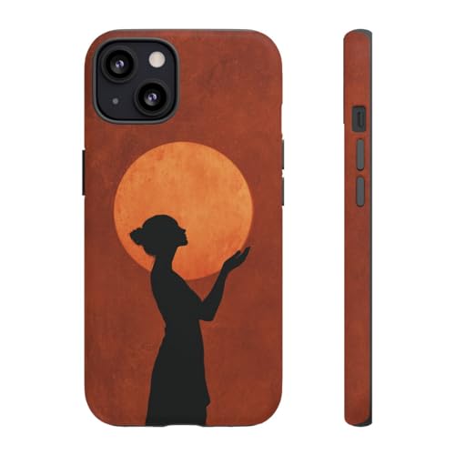 Coque rigide iPhone 13 marron mat design silhouette femme et soleil