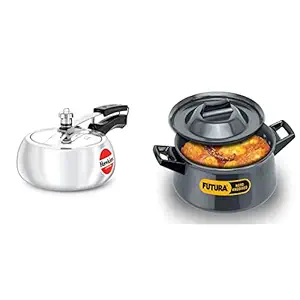 Hawkins Contura Pressure Cooker, 2 litres, Silver & Hawkins Futura Hard Anodised Handi Sauce Pan, 3 litres, Black Combo