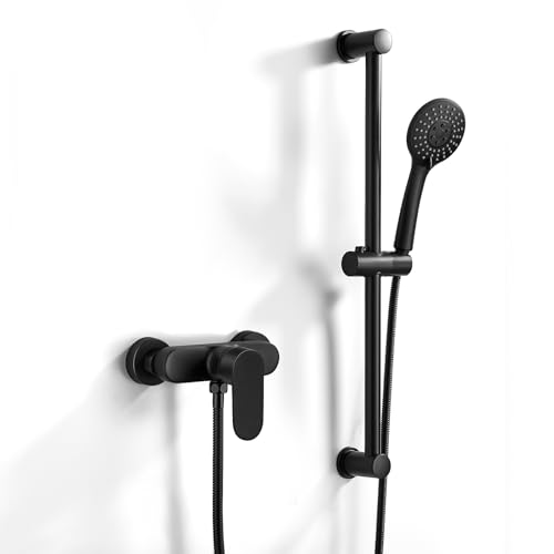 Namuoto Mitigeur Monocommande Douche Noir, Robinet Mitigeur de Douche Mural avec Barre de Douche Réglable 635mm, Douchette à Main 3 Modes, Flexible 150mm