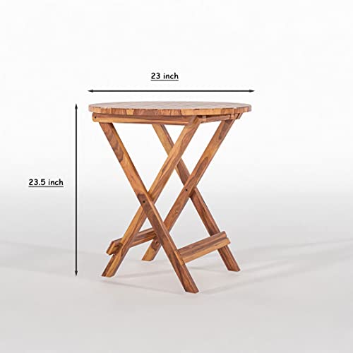 Image of Sheesham Wooden Portable Foldable 2 Seater Chair with Table Set Outdoor Balcony Garden Coffee Table Set Furniture with 1 Table and 2 Chairs Set (Brown with Blue Cushion)