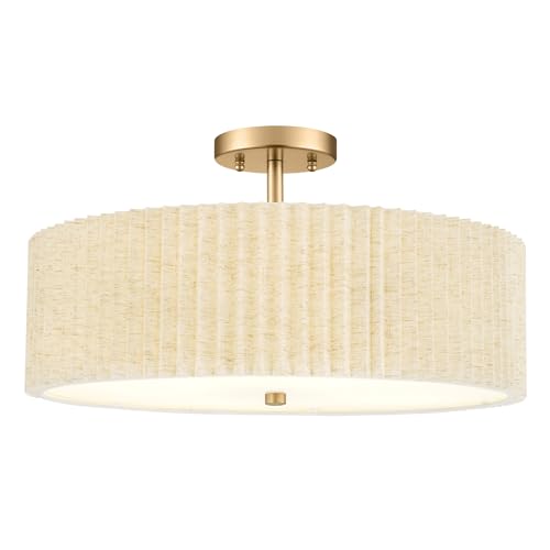 Image of Semi Flush Mount Ceiling Lights, 4-Light 18 inch Gold Light Fixtures Ceiling Mount with Pleated Linen Fabric Shade, Drum Lighting Fixture for Nursery Hallway Bedroom Kitchen, AD-25036-4SF-GD-B
