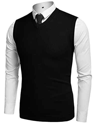 Amussiar Men's Casual Sweater Vest V-Neck Solid Knitted Vest Slim Fit Lightweight Sweater Vest Top Black #TOP1