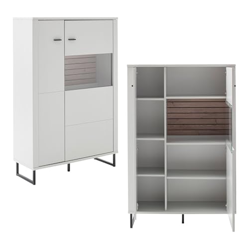 Lomadox Wohnwand Wohnmöbel Set weiß mit Eiche-Lamellen Modern, 1 Highboard, 1 Wandboard, 1 Lowboard – Bild 8