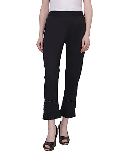Image of POPWINGS Women Casual White Bottom Lace Cotton Trouser