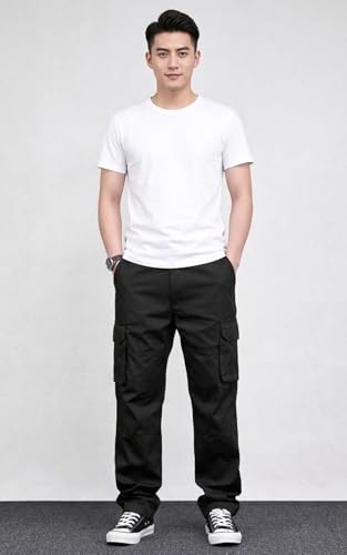 Image of MiraMichi Men's Relaxed Fit Solid Pattern Cotton Cargo Pant with 6 Pocket Button Down Closure Type and Standard Length | Six Pockets Cargos Pant's |Bonkers Joggers for Men