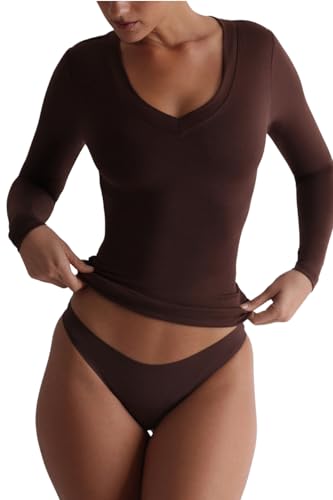 Image of SIGHTBOMB SKIMS V Neck Thick Rim Microfiber Ultra Soft Long Sleeve SOFTLINE Cuddle TEE for Women