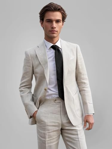 Mens Linen Suit 2 Piece Summer Casual Business Slim Fit Blazer Set for Beach Weddings Parties Tuxedo Jacket Pants2