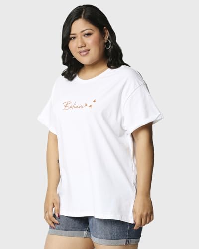 Image of Bewakoof Women's Cotton Graphic Print Relaxed Fit Round Neck Plus Size T-Shirt