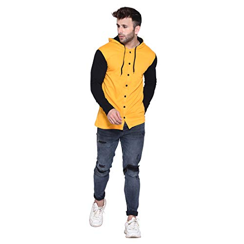 Image of Geum Men's Full Sleeve Hooded T-Shirt with Button-Down Front | Casual Slim Fit Cotton Shirt-Style Tee