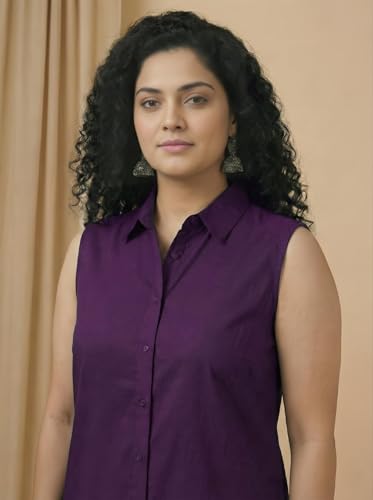 Image of Women Plus Size Sleeveless Button Down Shirt Polyester Formal Office Casual Wear Classic Fit Professional Shirt