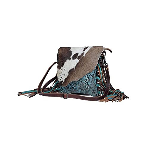 Myra Bag Cobal Blue Conceal Carry Cow print tooled leather fringe bag S-33452