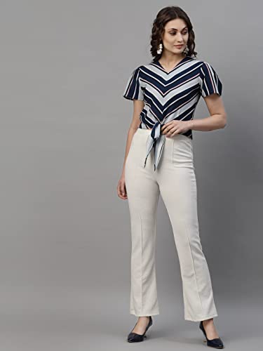 Image of Style Quotient Blue Striped Crepe Crop Top